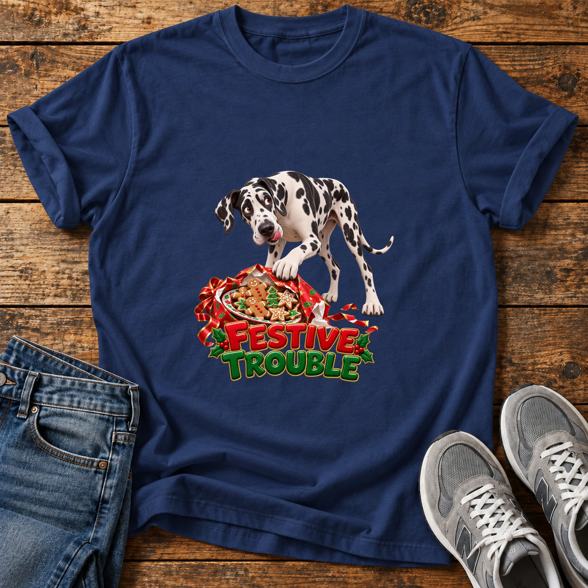 Festive Trouble Great Dane graphic T-shirt in Navy, shown on a flat-lay shirt mockup