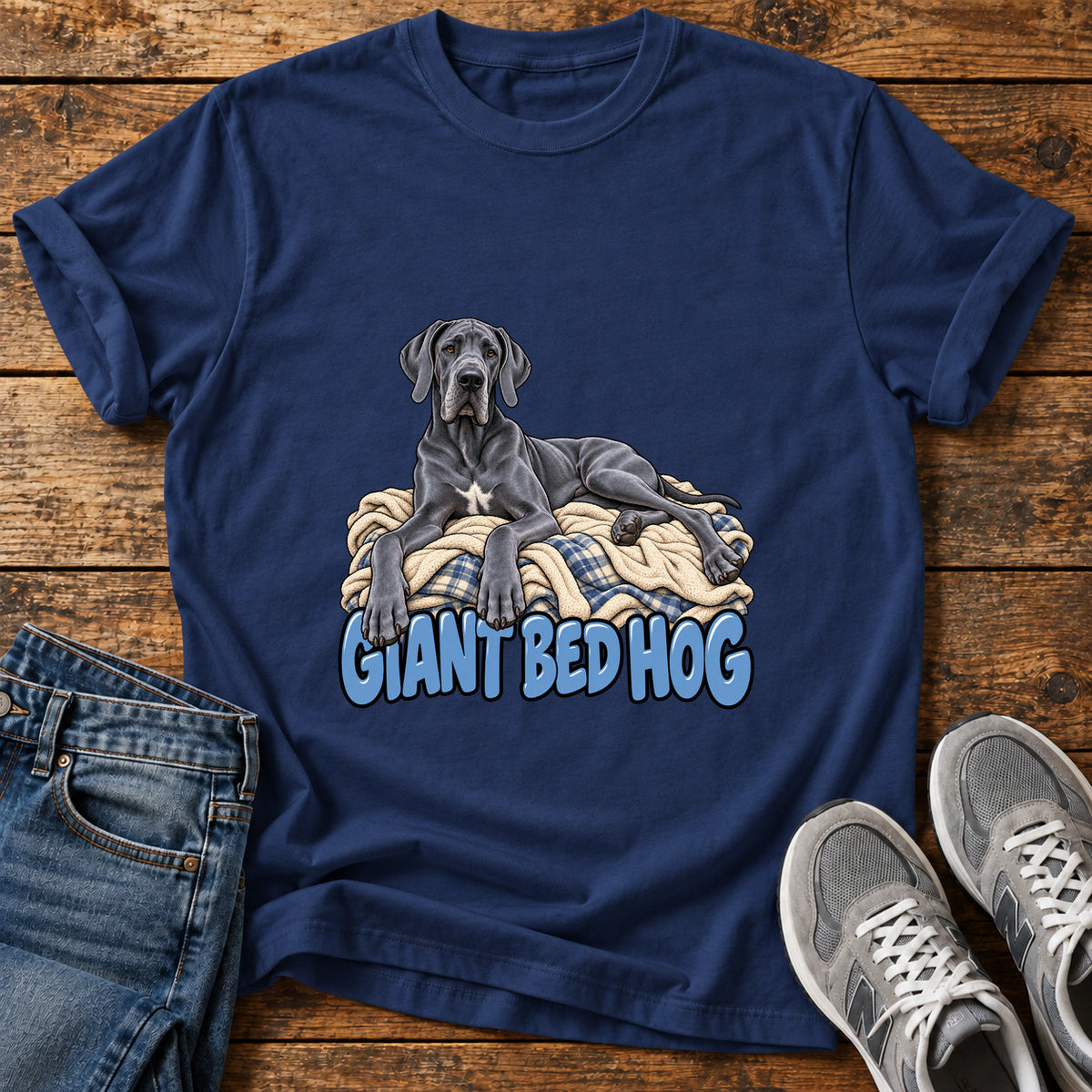 Giant Bed Hog Great Dane graphic T-shirt in Navy, shown on a flat-lay shirt mockup