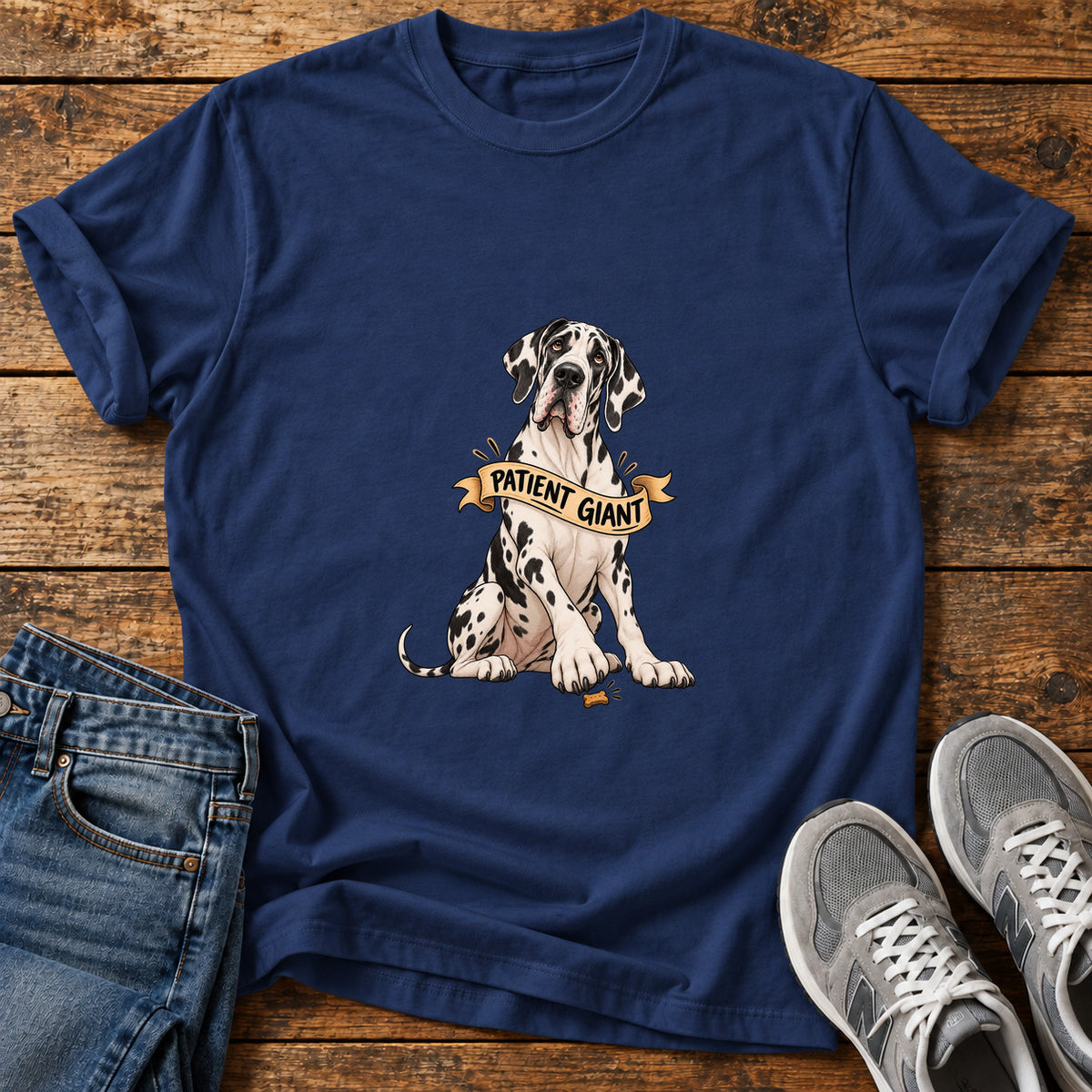 Patient Giant Great Dane graphic T-shirt in Navy, shown on a flat-lay shirt mockup