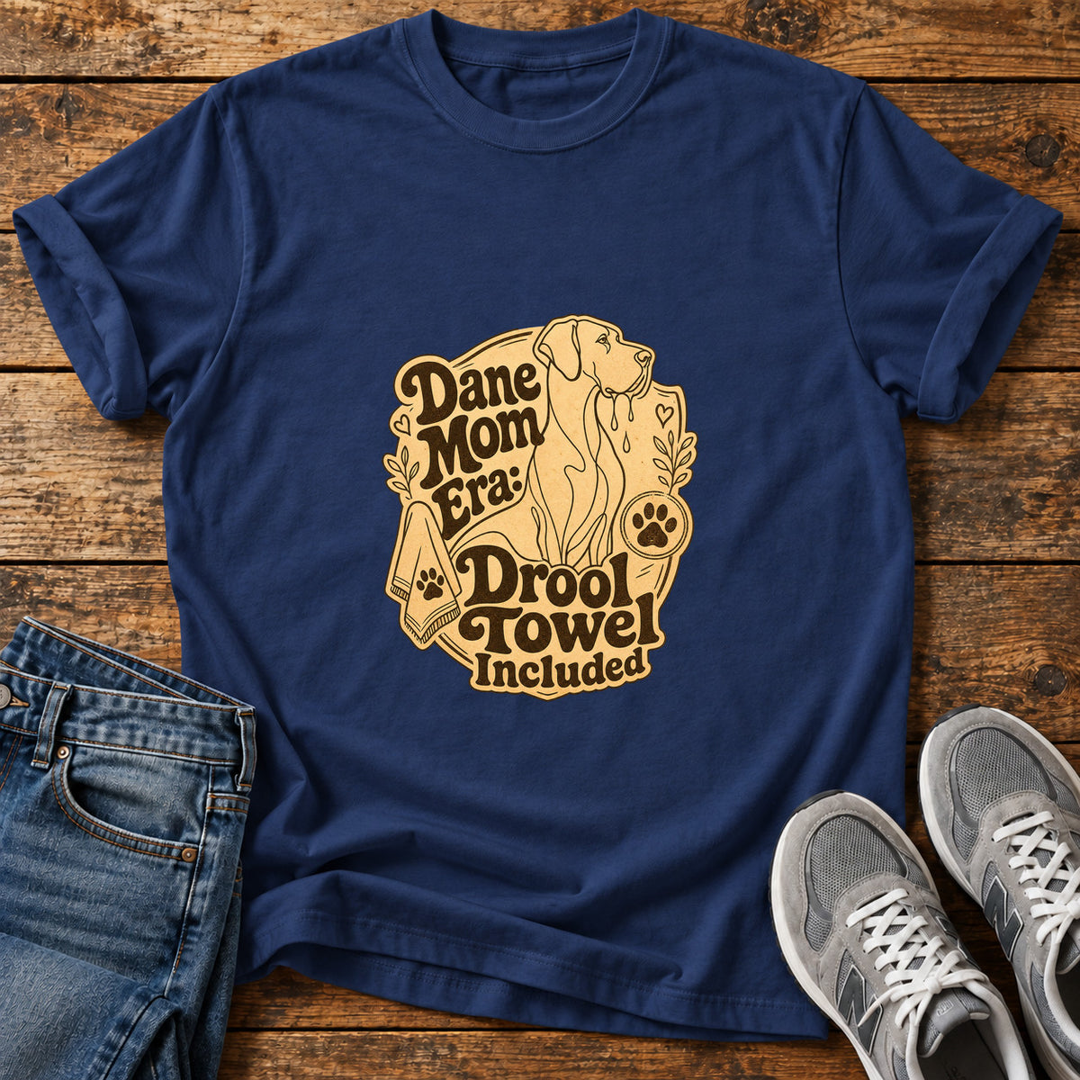 Dane Mom Era Great Dane graphic T-shirt in Navy, shown on a flat-lay shirt mockup