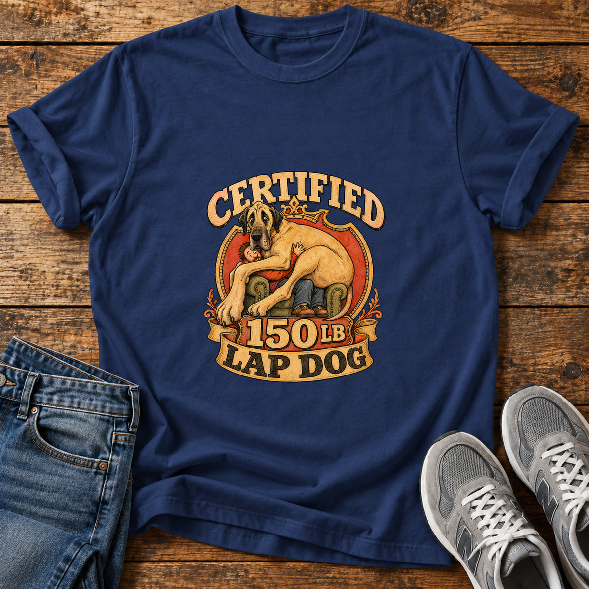 Certified Lap Dog Great Dane graphic T-shirt in Navy, shown on a flat-lay shirt mockup