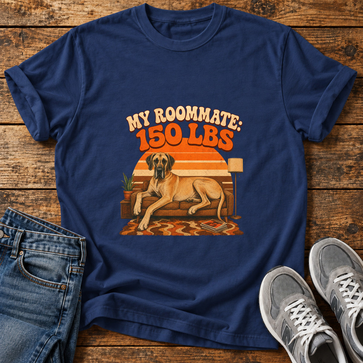 Roommate 150lbs Great Dane graphic T-shirt in Navy, shown on a flat-lay shirt mockup