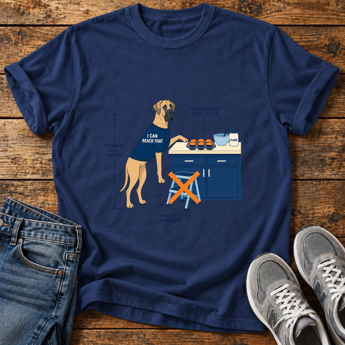 I Can Reach Great Dane graphic T-shirt in Navy, shown on a flat-lay shirt mockup