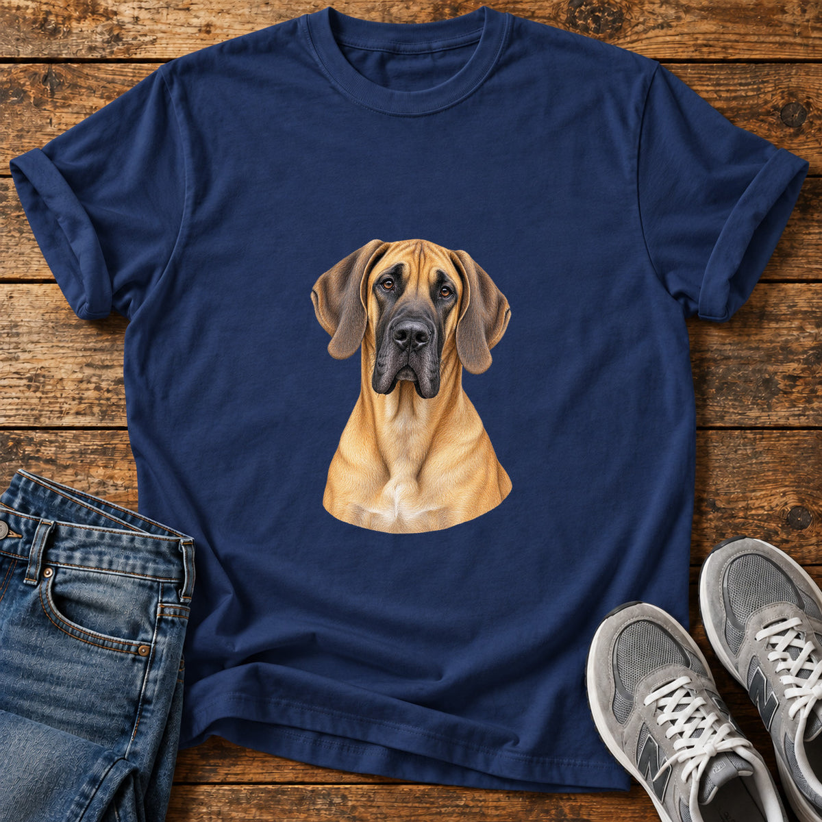 Majestic Dane Great Dane graphic T-shirt in Navy, shown on a flat-lay shirt mockup