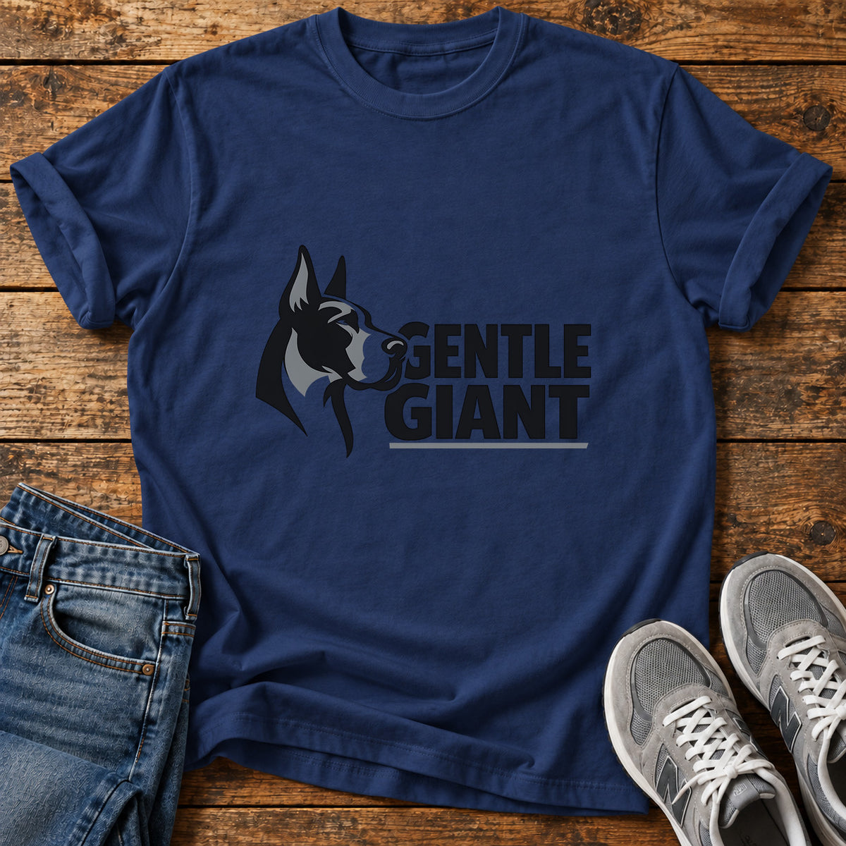 Gentle Giant Great Dane graphic T-shirt in Navy, shown on a flat-lay shirt mockup