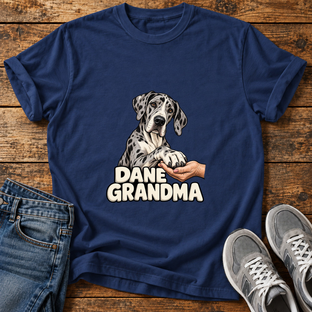 Dane Grandma Great Dane graphic T-shirt in Navy, shown on a flat-lay shirt mockup