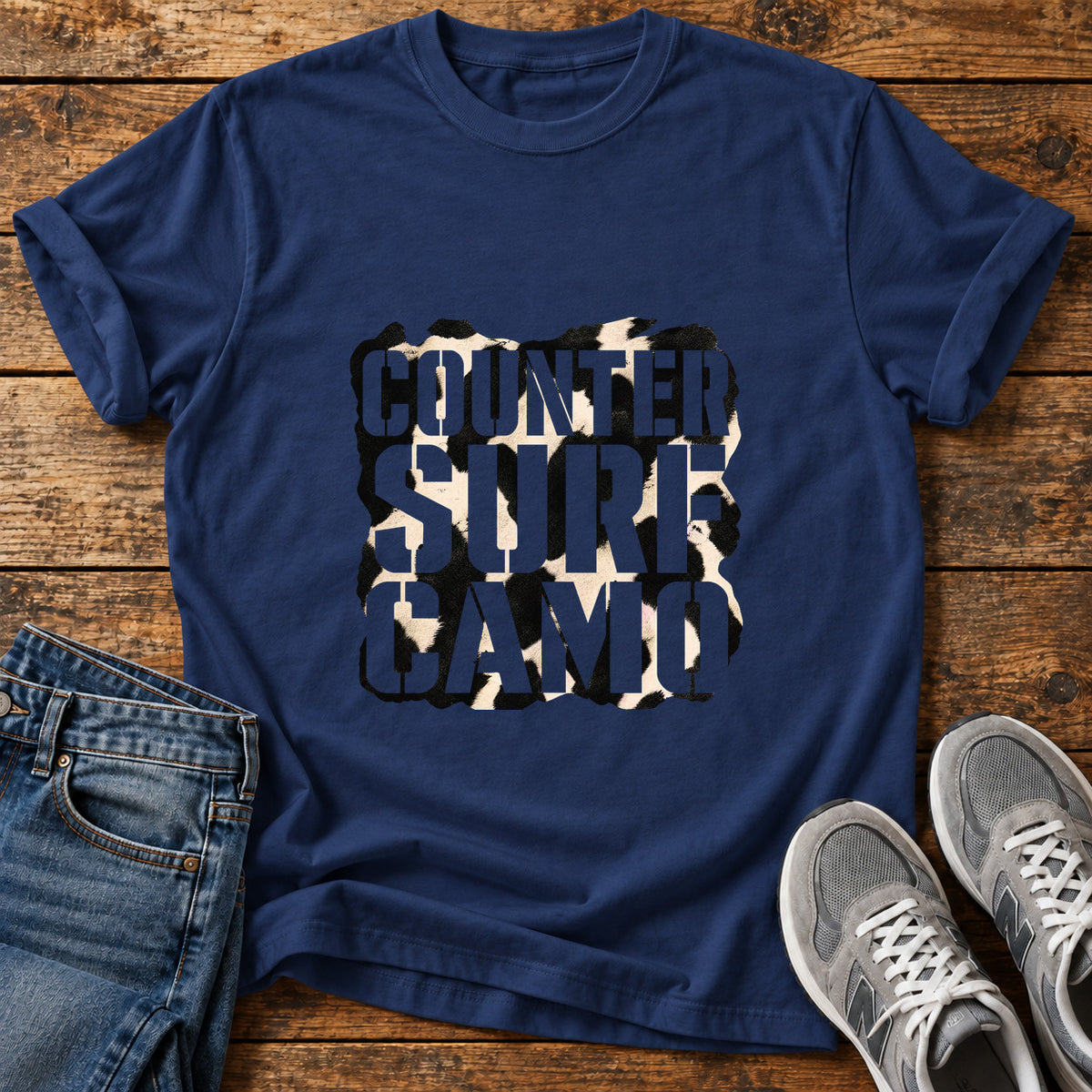Counter Surf Camo Great Dane graphic T-shirt in Navy, shown on a flat-lay shirt mockup