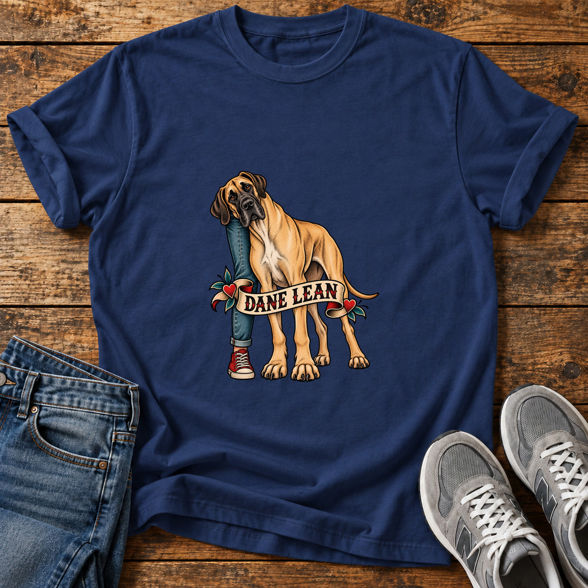 Dane Lean Great Dane graphic T-shirt in Navy, shown on a flat-lay shirt mockup