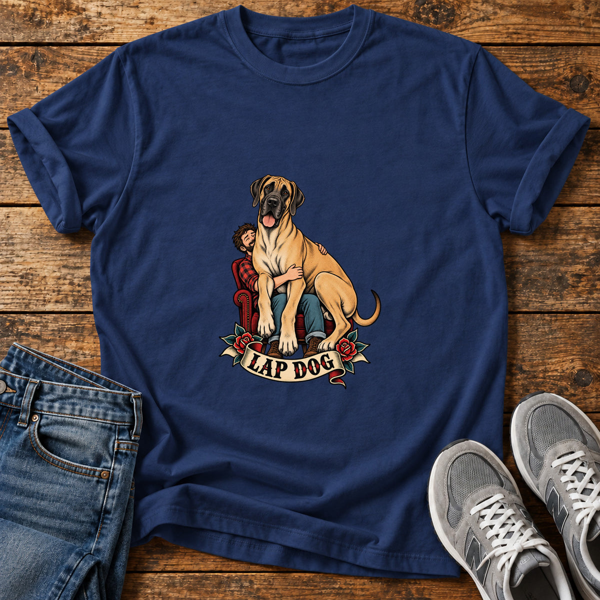 Lap Dog Great Dane graphic T-shirt in Navy, shown on a flat-lay shirt mockup