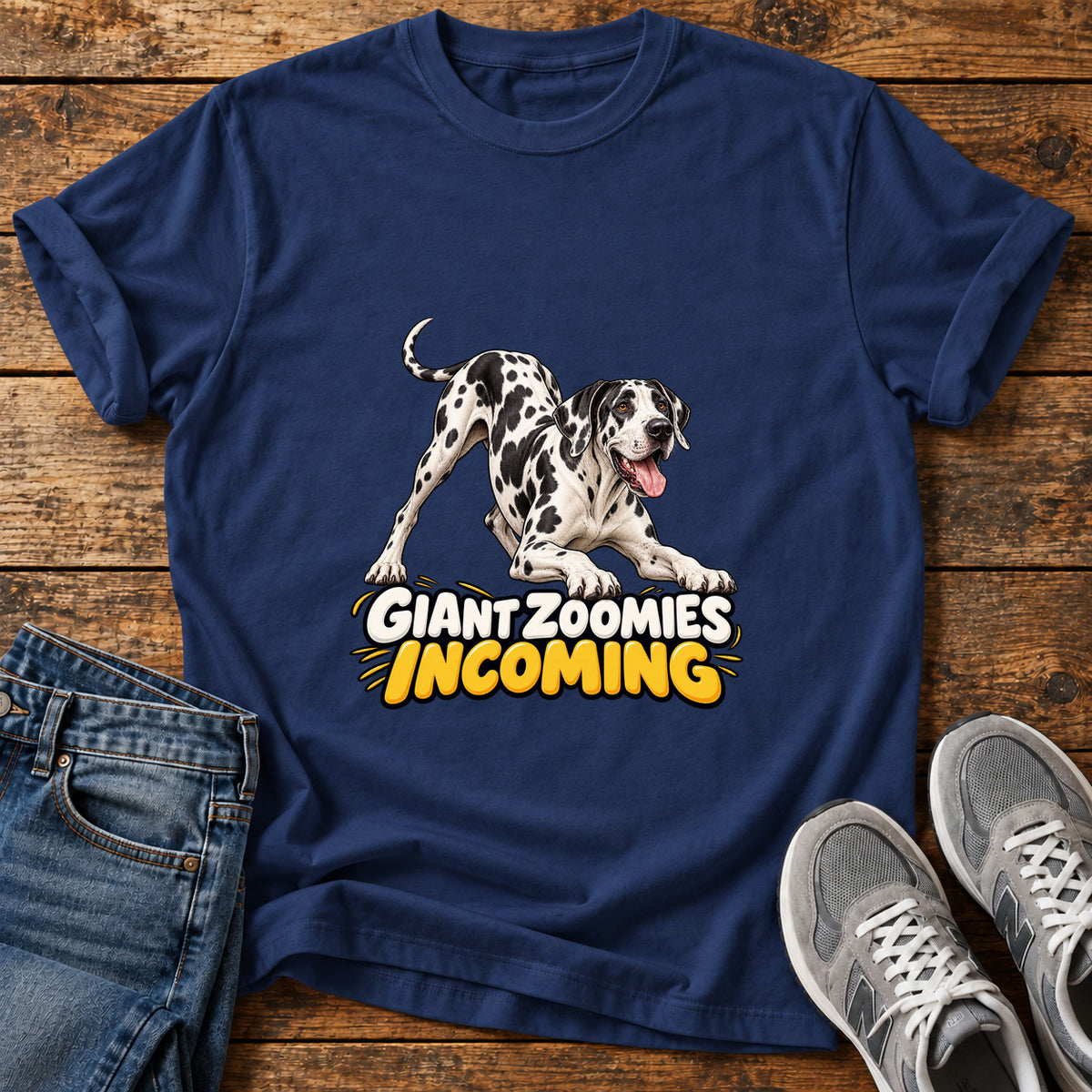 Giant Zoomies Great Dane graphic T-shirt in Navy, shown on a flat-lay shirt mockup