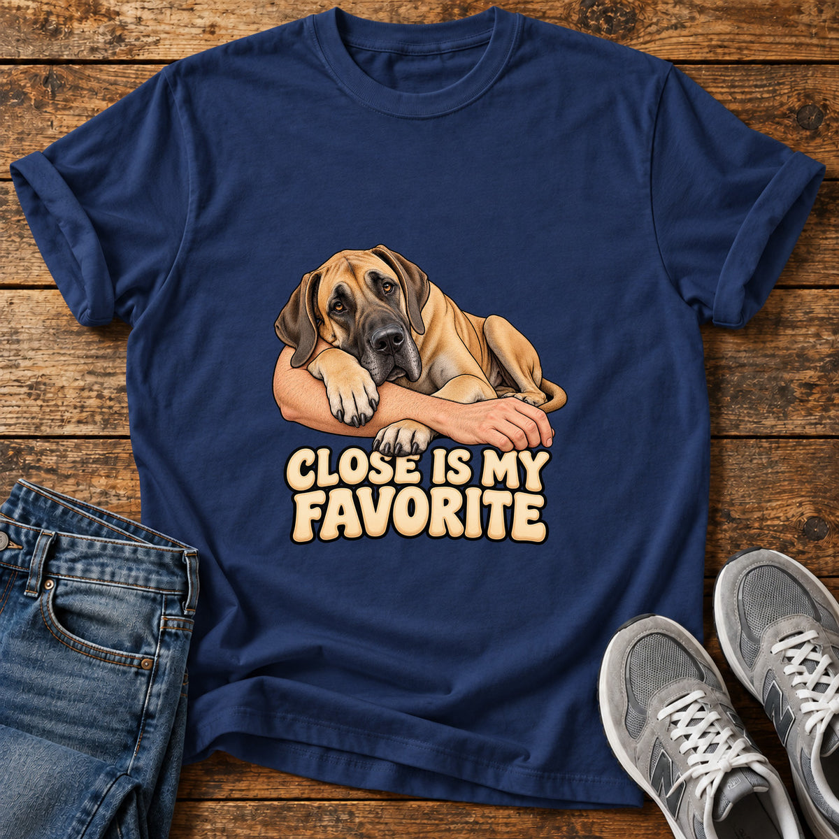 Close Favorite Great Dane graphic T-shirt in Navy, shown on a flat-lay shirt mockup