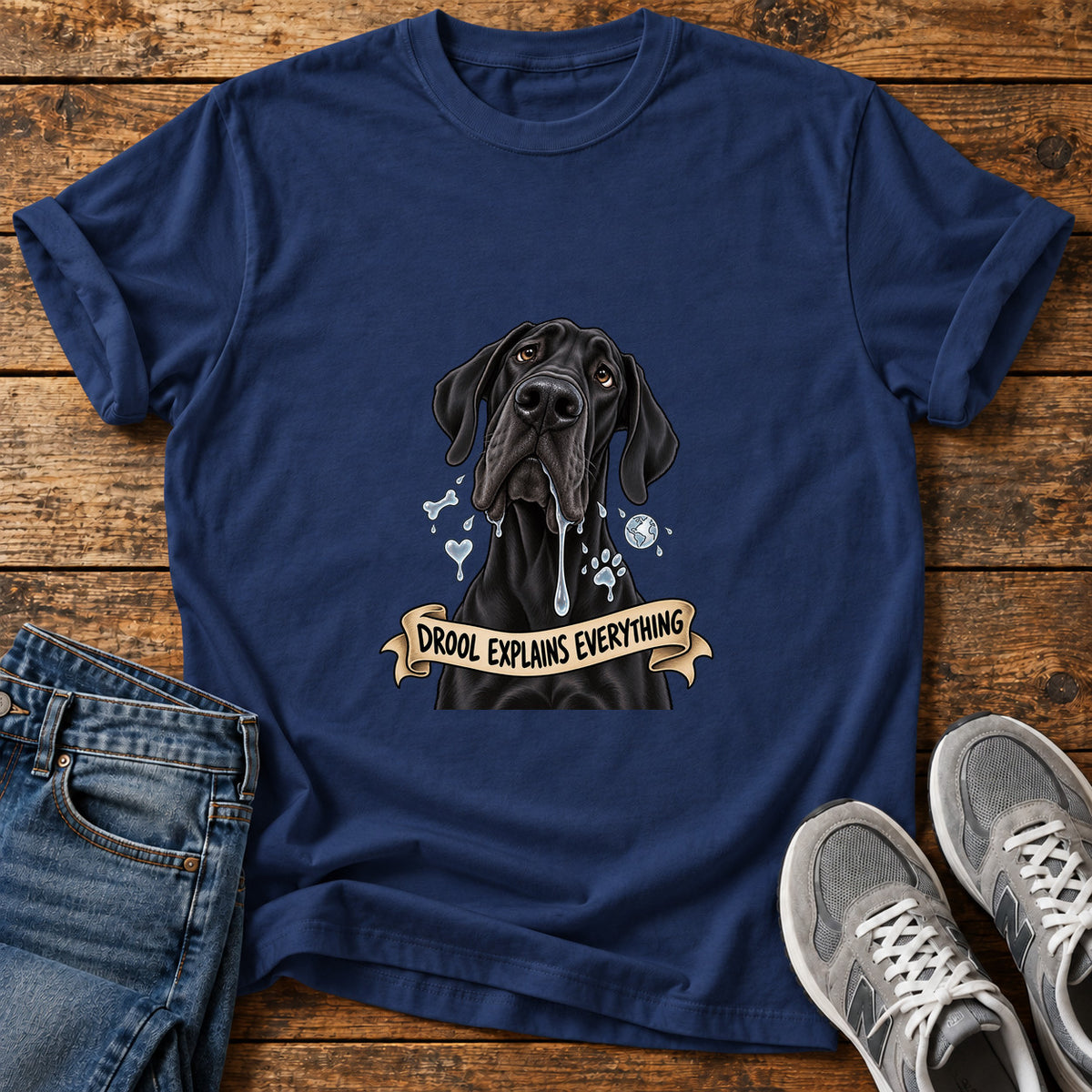 Drool Explains Everything Great Dane graphic T-shirt in Navy, shown on a flat-lay shirt mockup