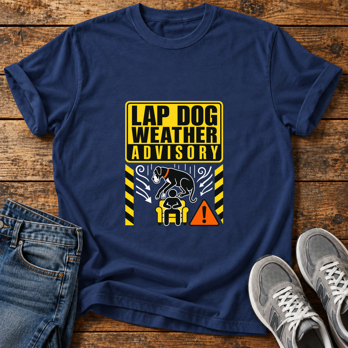 Lap Dog Advisory Great Dane graphic T-shirt in Navy, shown on a flat-lay shirt mockup