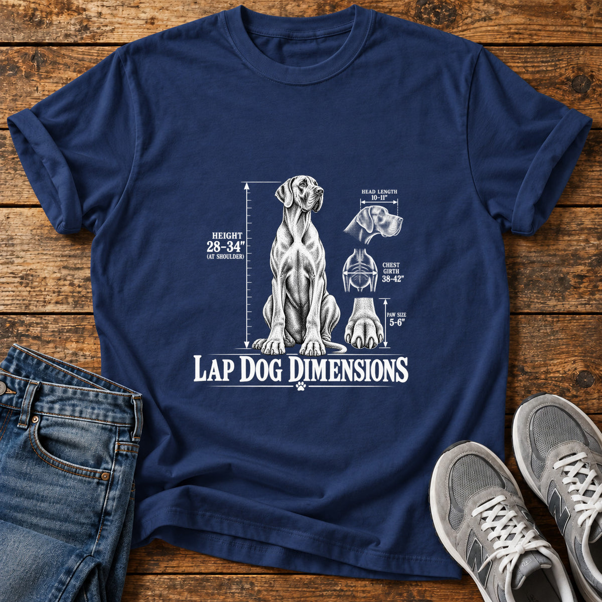Lap Dog Dimensions Great Dane graphic T-shirt in Navy, shown on a flat-lay shirt mockup