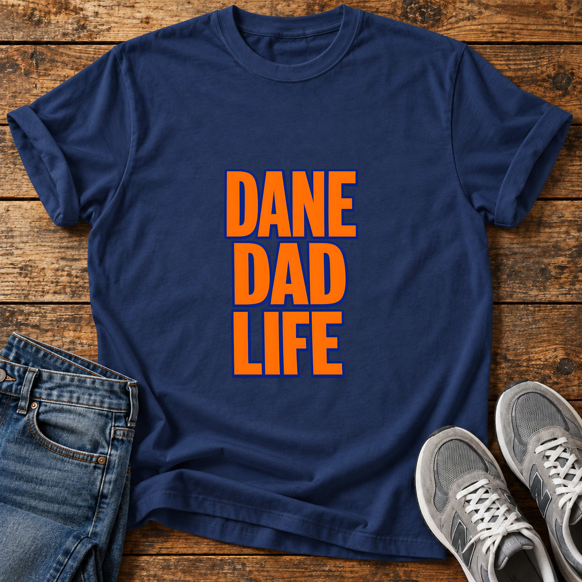 Dane Dad Life Great Dane graphic T-shirt in Navy, shown on a flat-lay shirt mockup