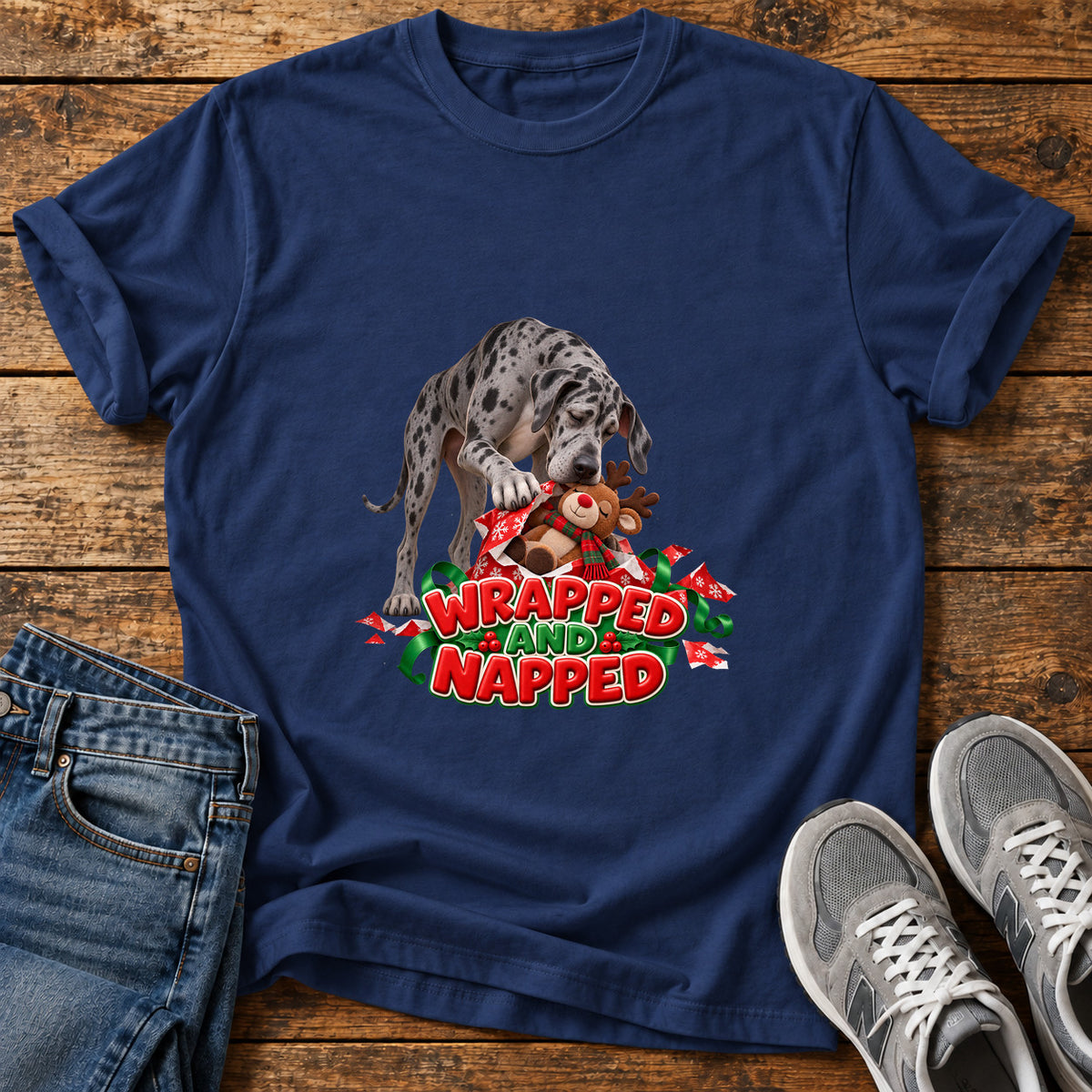 Wrapped Napped Great Dane graphic T-shirt in Navy, shown on a flat-lay shirt mockup