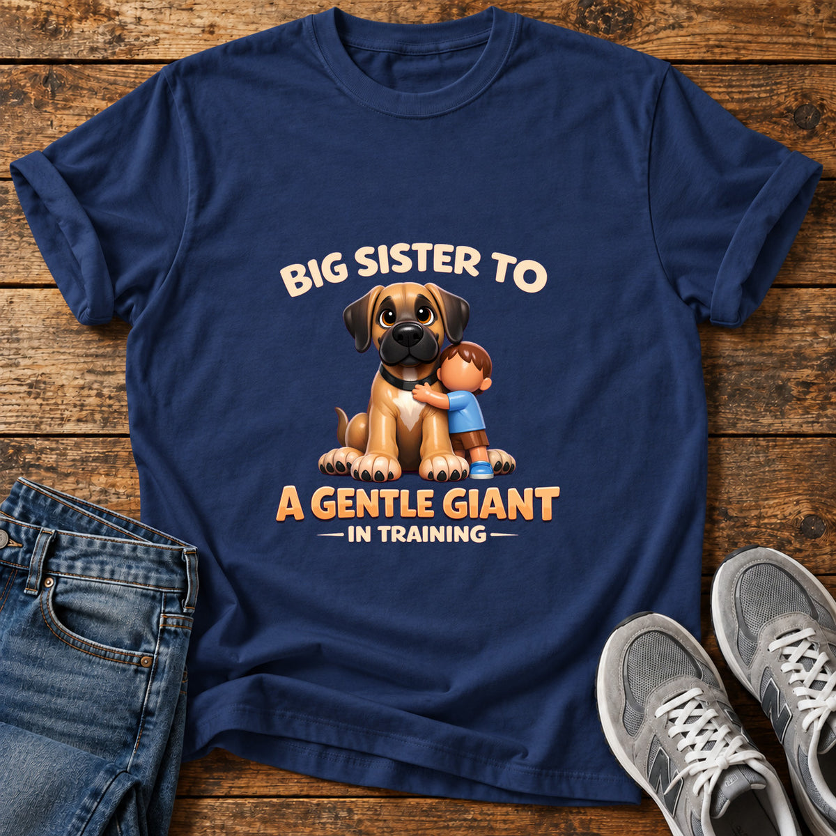 Gentle Giant Sister Great Dane graphic T-shirt in Navy, shown on a flat-lay shirt mockup
