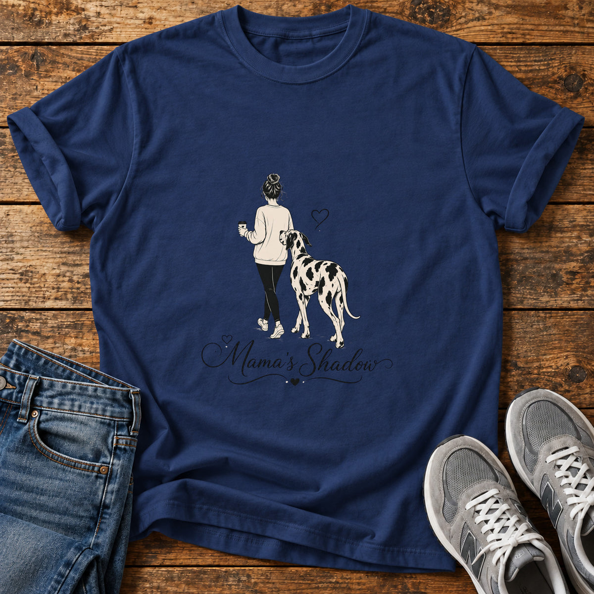 Mama's Shadow Great Dane graphic T-shirt in Navy, shown on a flat-lay shirt mockup