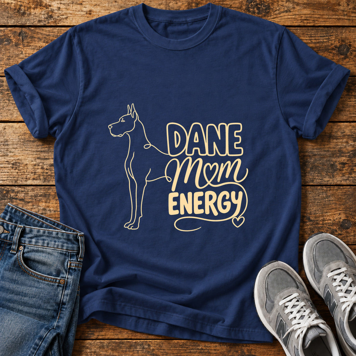 Dane Mom Vibes Great Dane graphic T-shirt in Navy, shown on a flat-lay shirt mockup