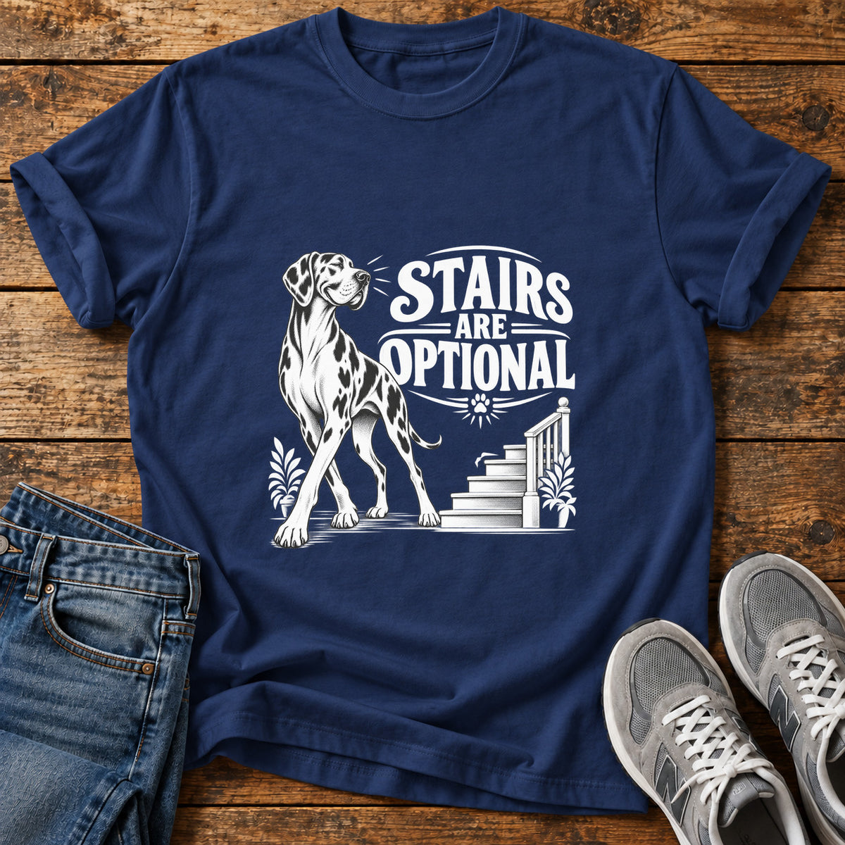 Stairs Optional Great Dane graphic T-shirt in Navy, shown on a flat-lay shirt mockup