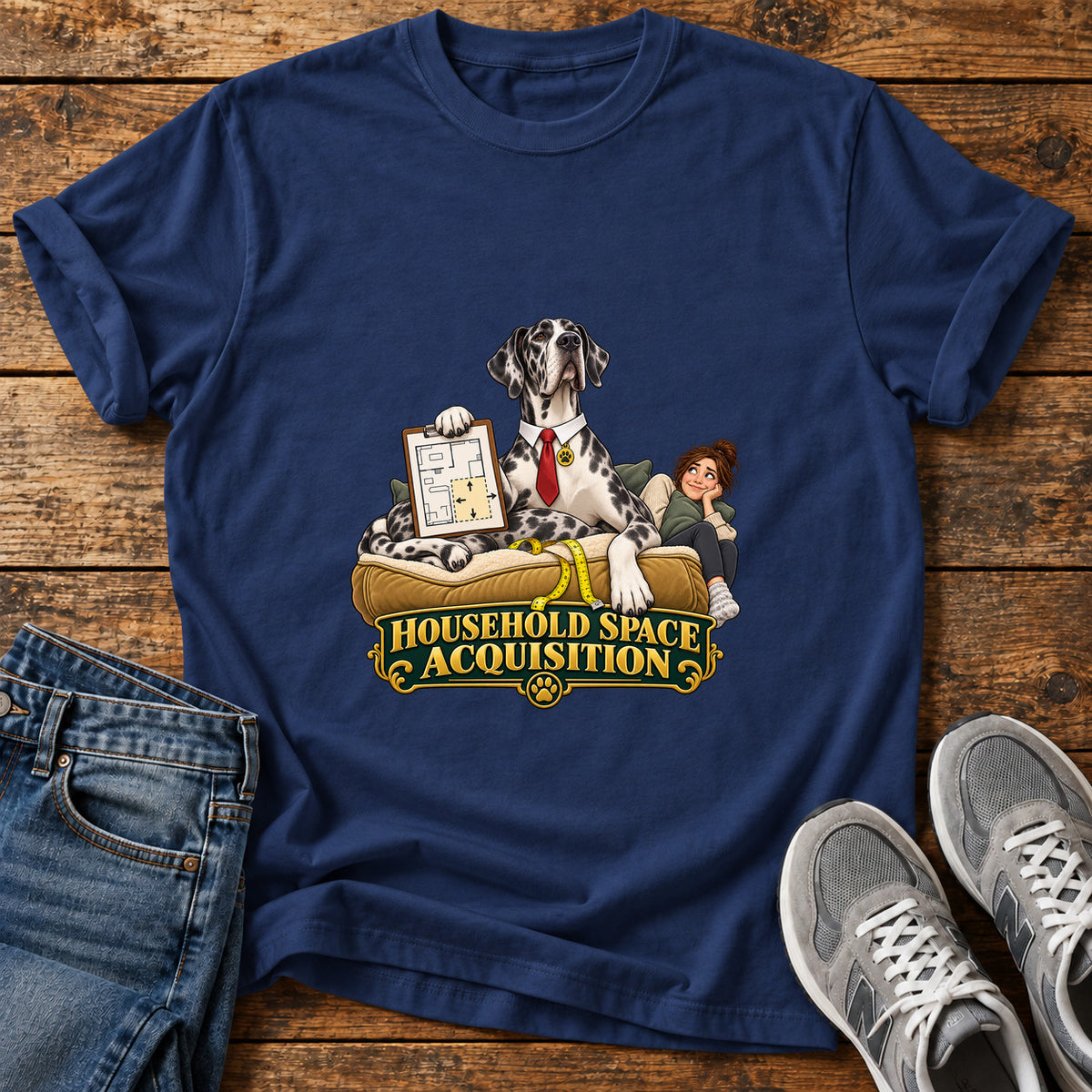 Household Space Great Dane graphic T-shirt in Navy, shown on a flat-lay shirt mockup