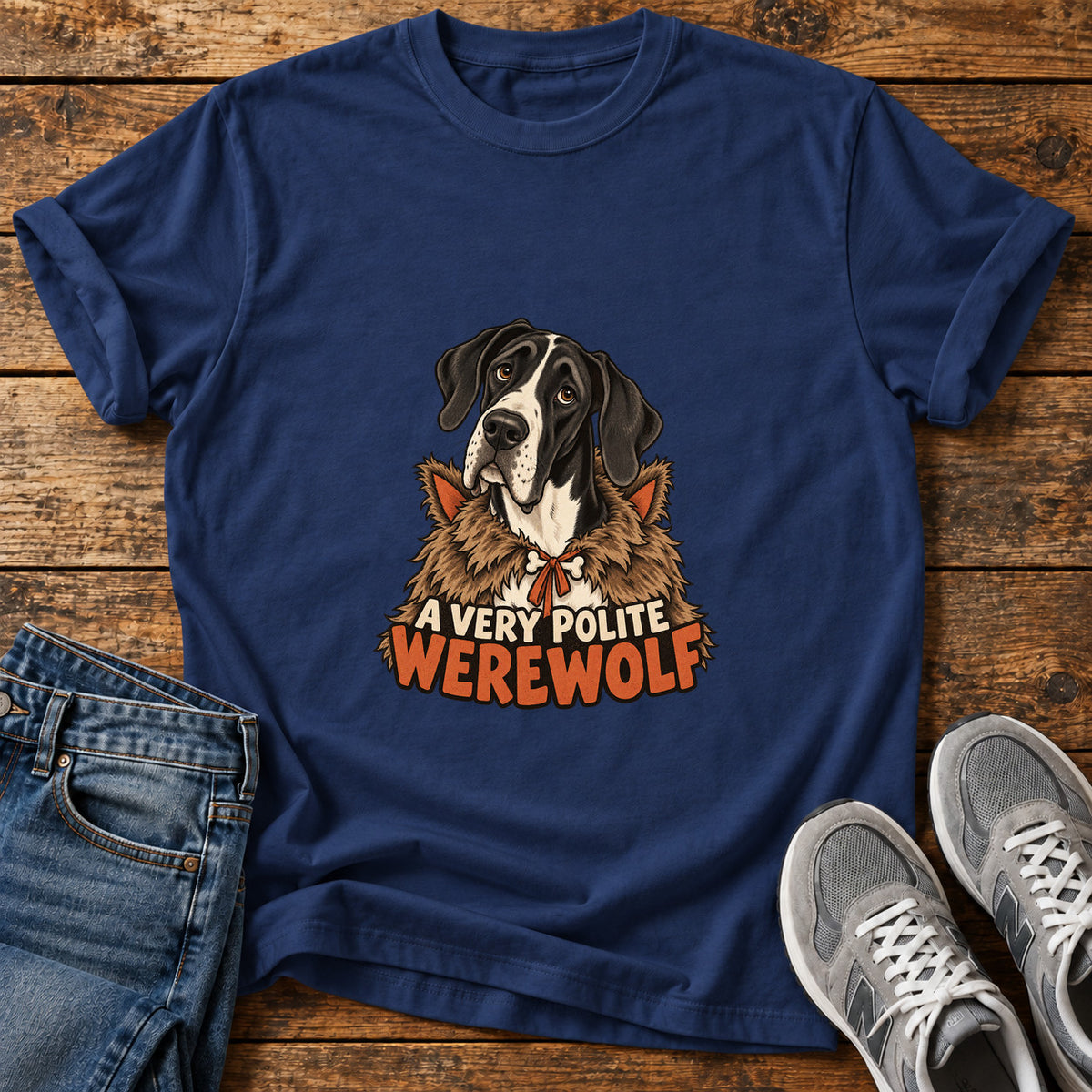 Polite Werewolf Great Dane graphic T-shirt in Navy, shown on a flat-lay shirt mockup