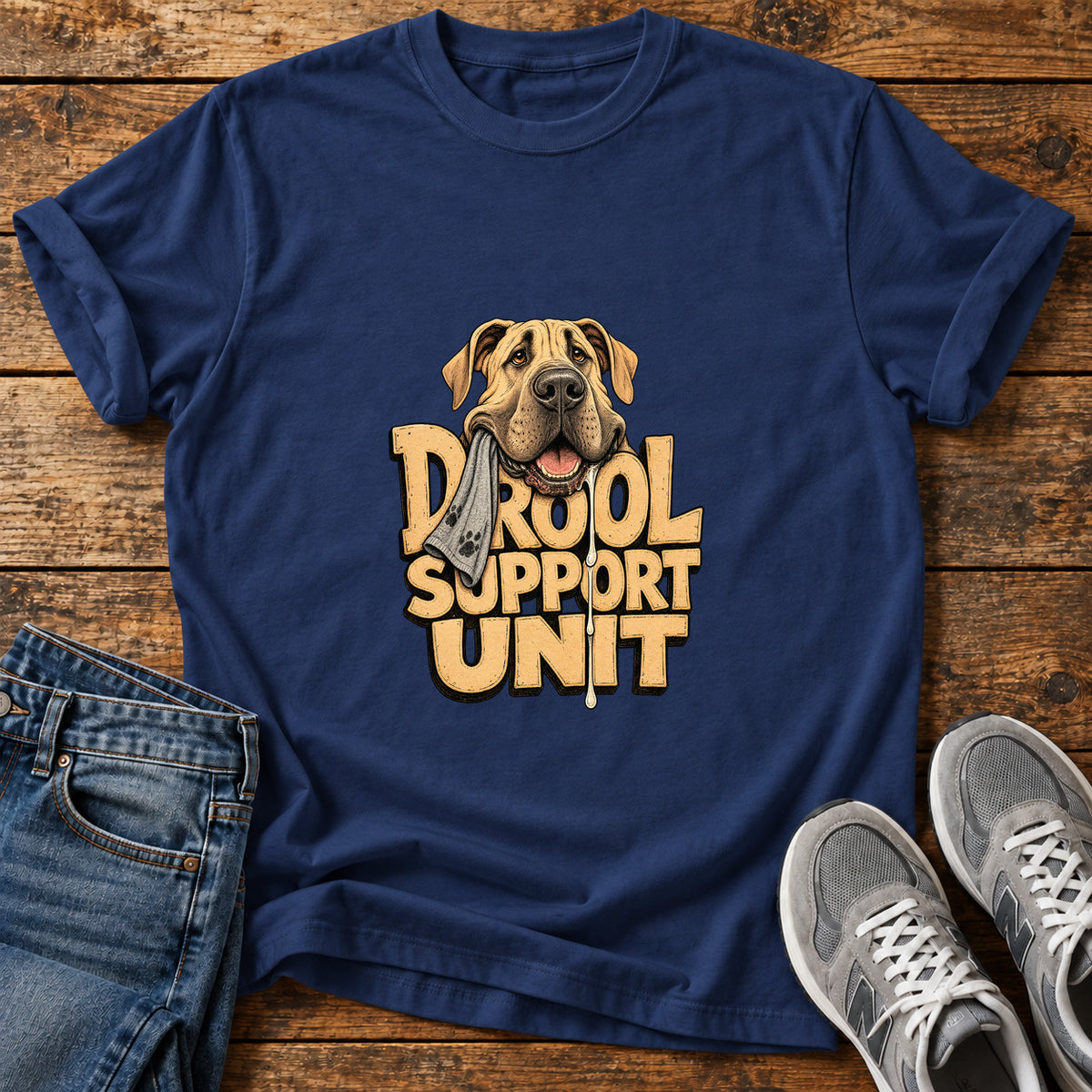 Drool Support Unit Great Dane graphic T-shirt in Navy, shown on a flat-lay shirt mockup
