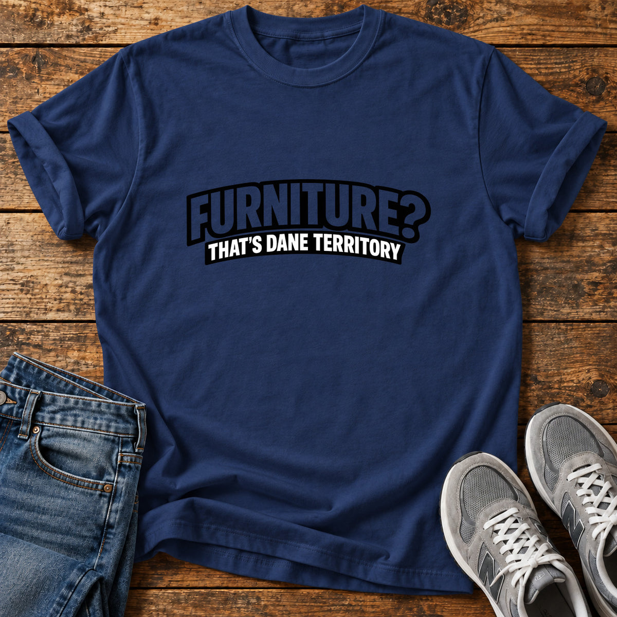 Furniture Dane Territory Great Dane graphic T-shirt in Navy, shown on a flat-lay shirt mockup