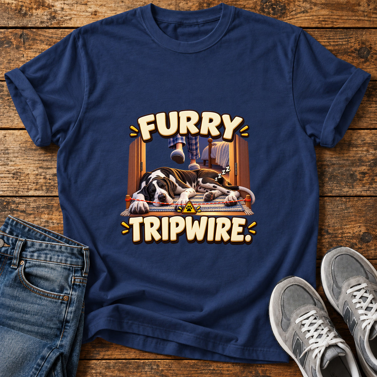 Furry Tripwire Great Dane graphic T-shirt in Navy, shown on a flat-lay shirt mockup