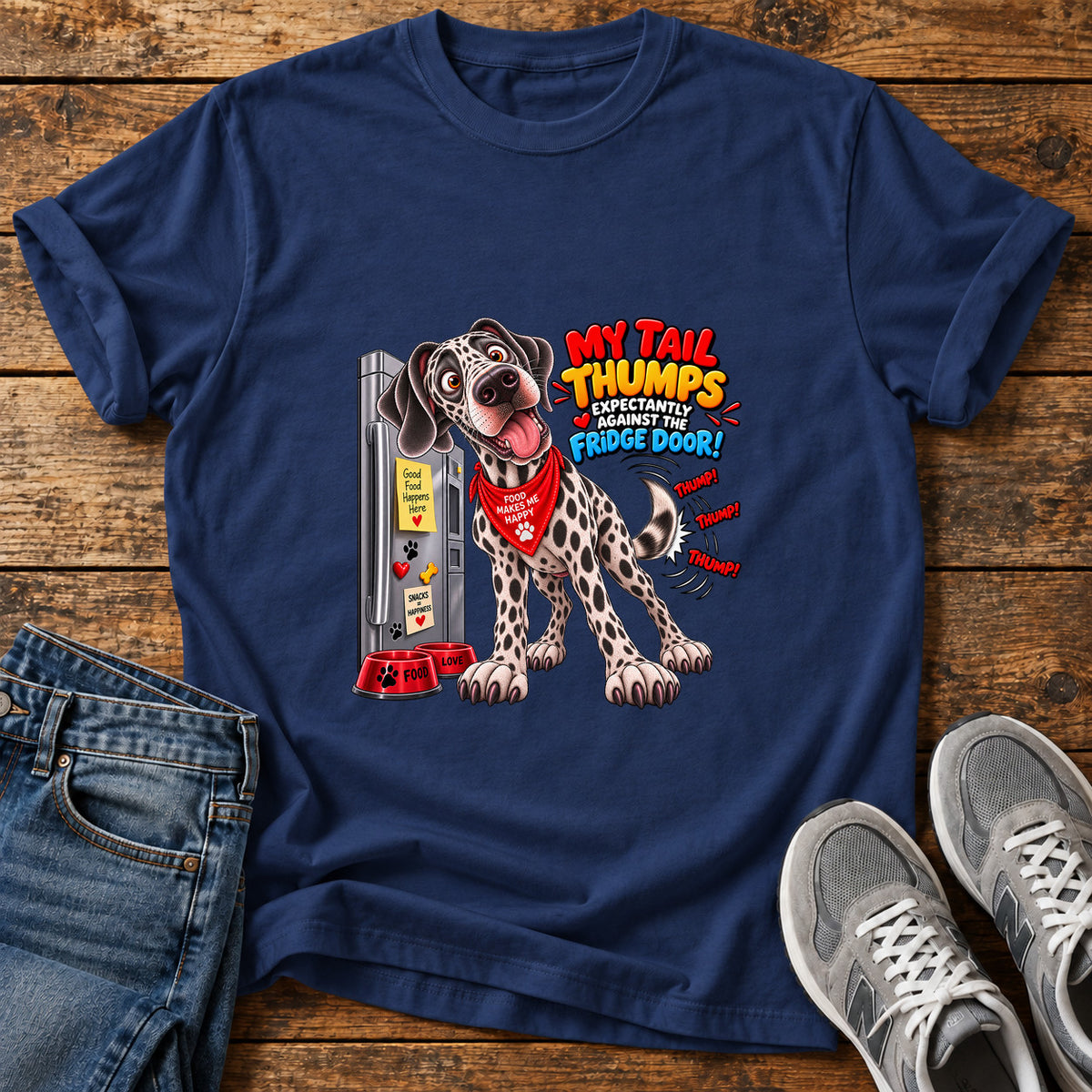 My Tail Thumps Great Dane graphic T-shirt in Navy, shown on a flat-lay shirt mockup