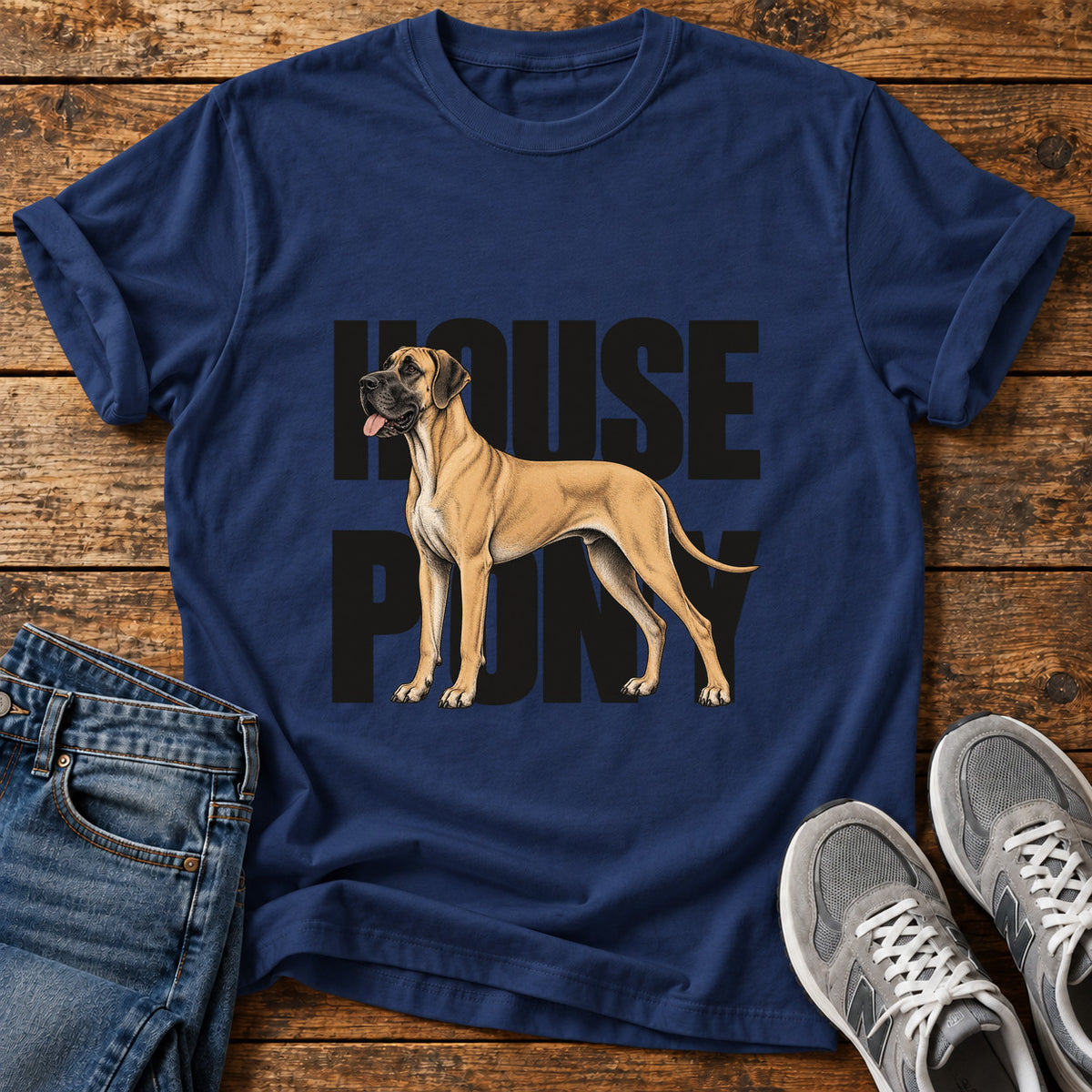 House Pony Great Dane graphic T-shirt in Navy, shown on a flat-lay shirt mockup
