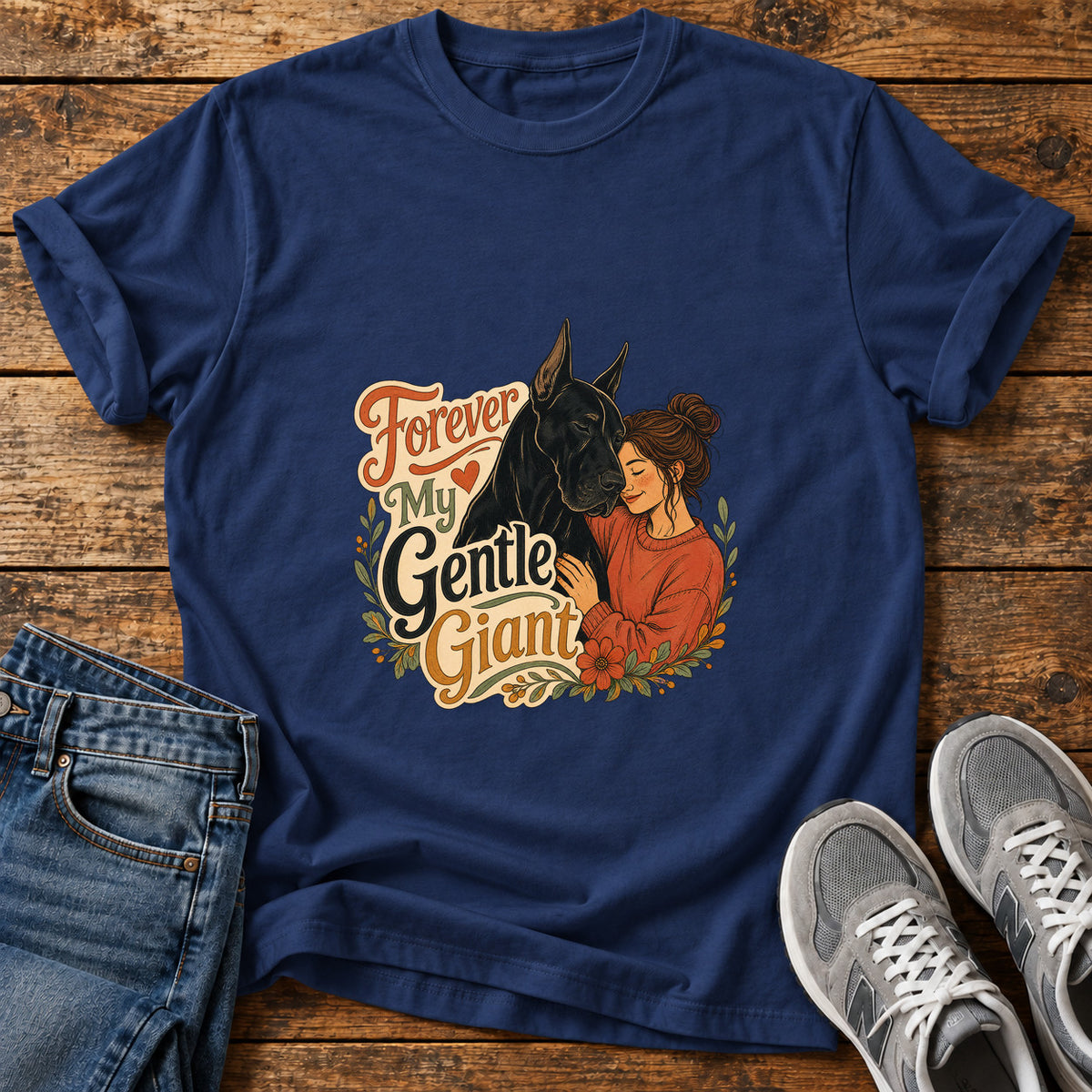 Forever My Giant Great Dane graphic T-shirt in Navy, shown on a flat-lay shirt mockup