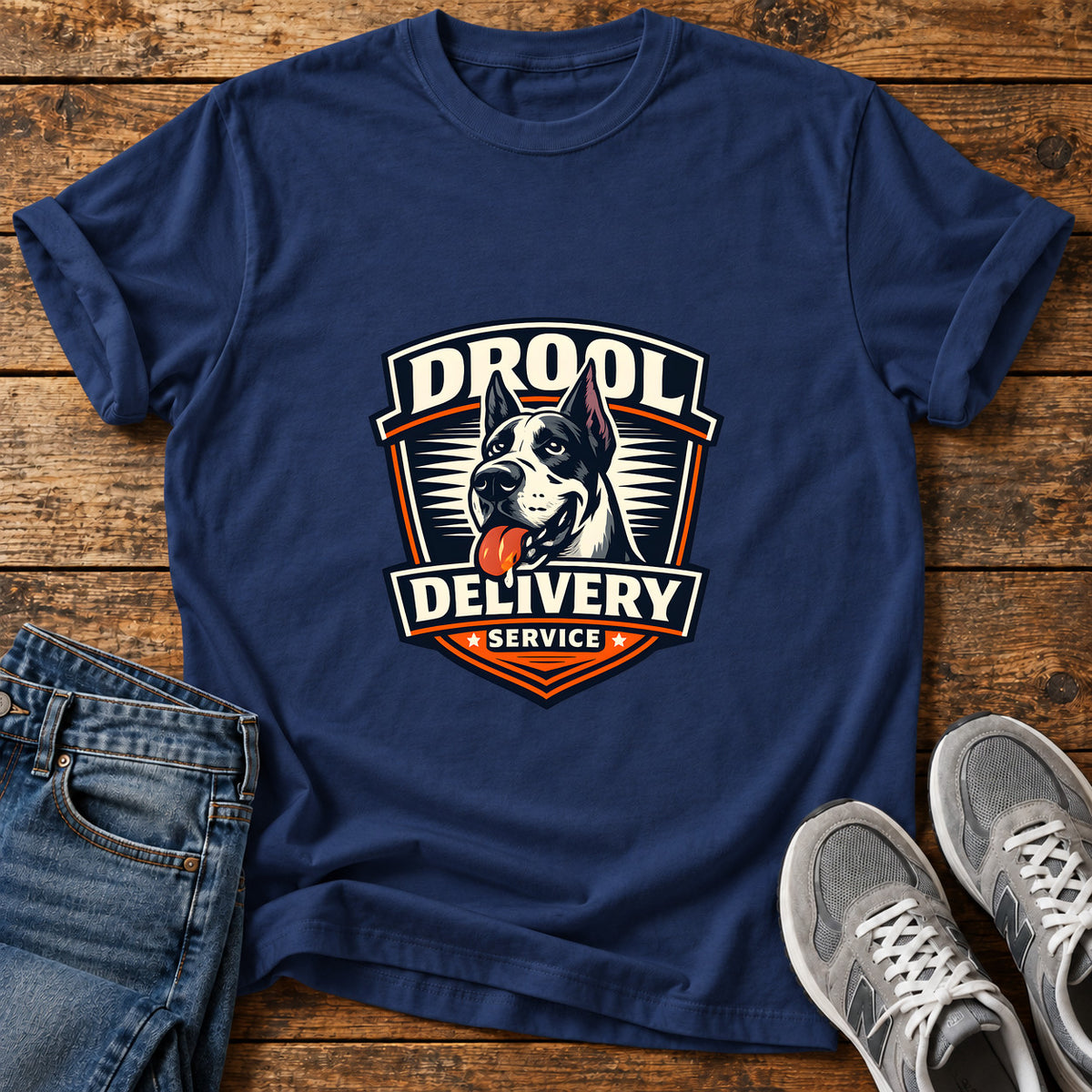 Drool Delivery Service Great Dane graphic T-shirt in Navy, shown on a flat-lay shirt mockup