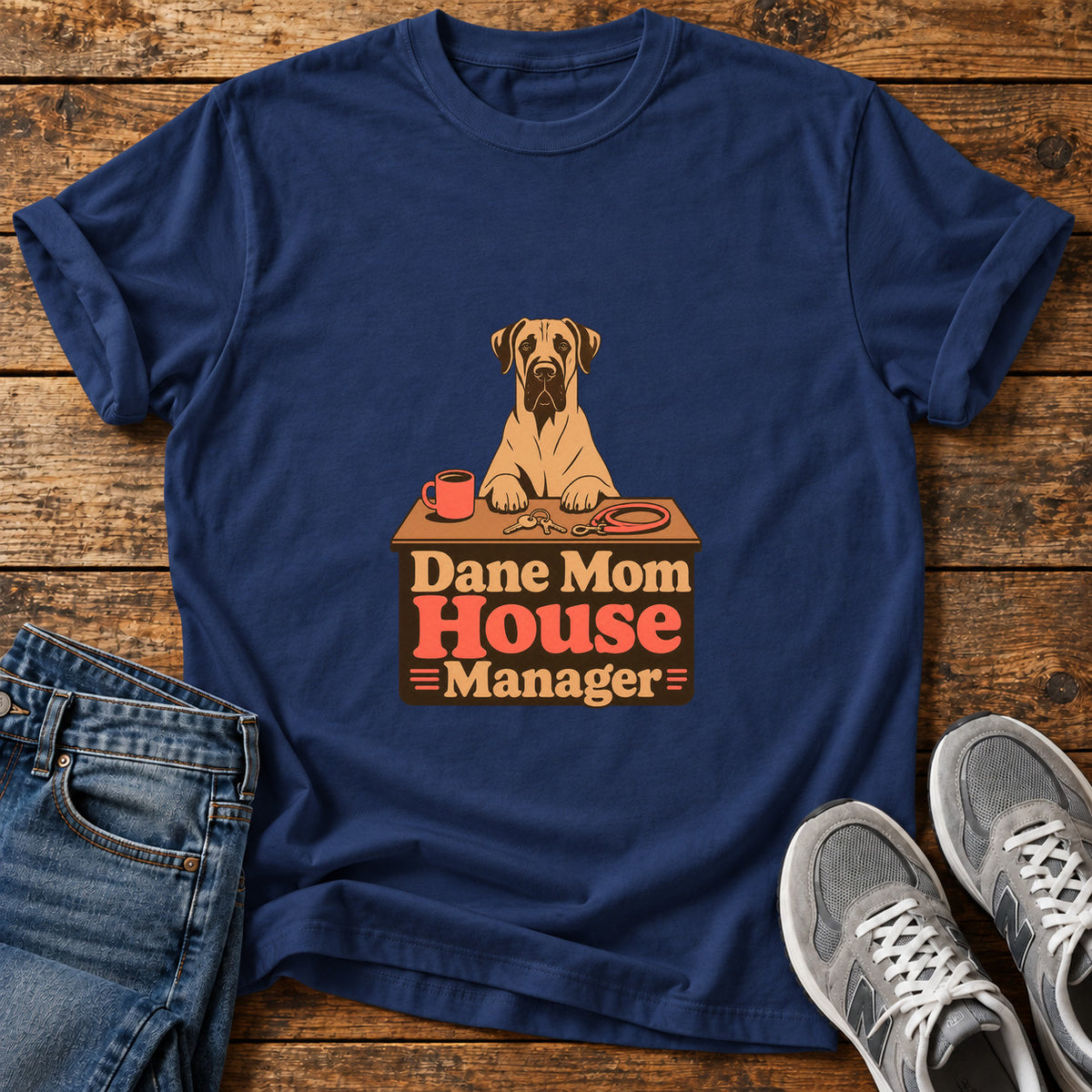 Dane Mom Manager Great Dane graphic T-shirt in Navy, shown on a flat-lay shirt mockup