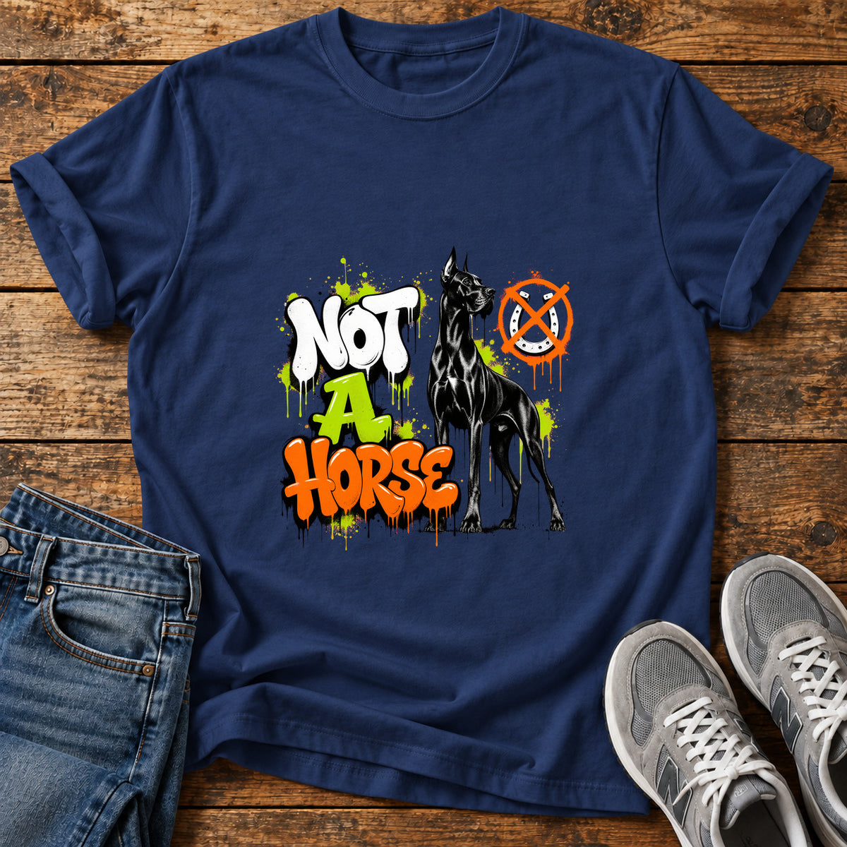 Not A Horse Great Dane graphic T-shirt in Navy, shown on a flat-lay shirt mockup