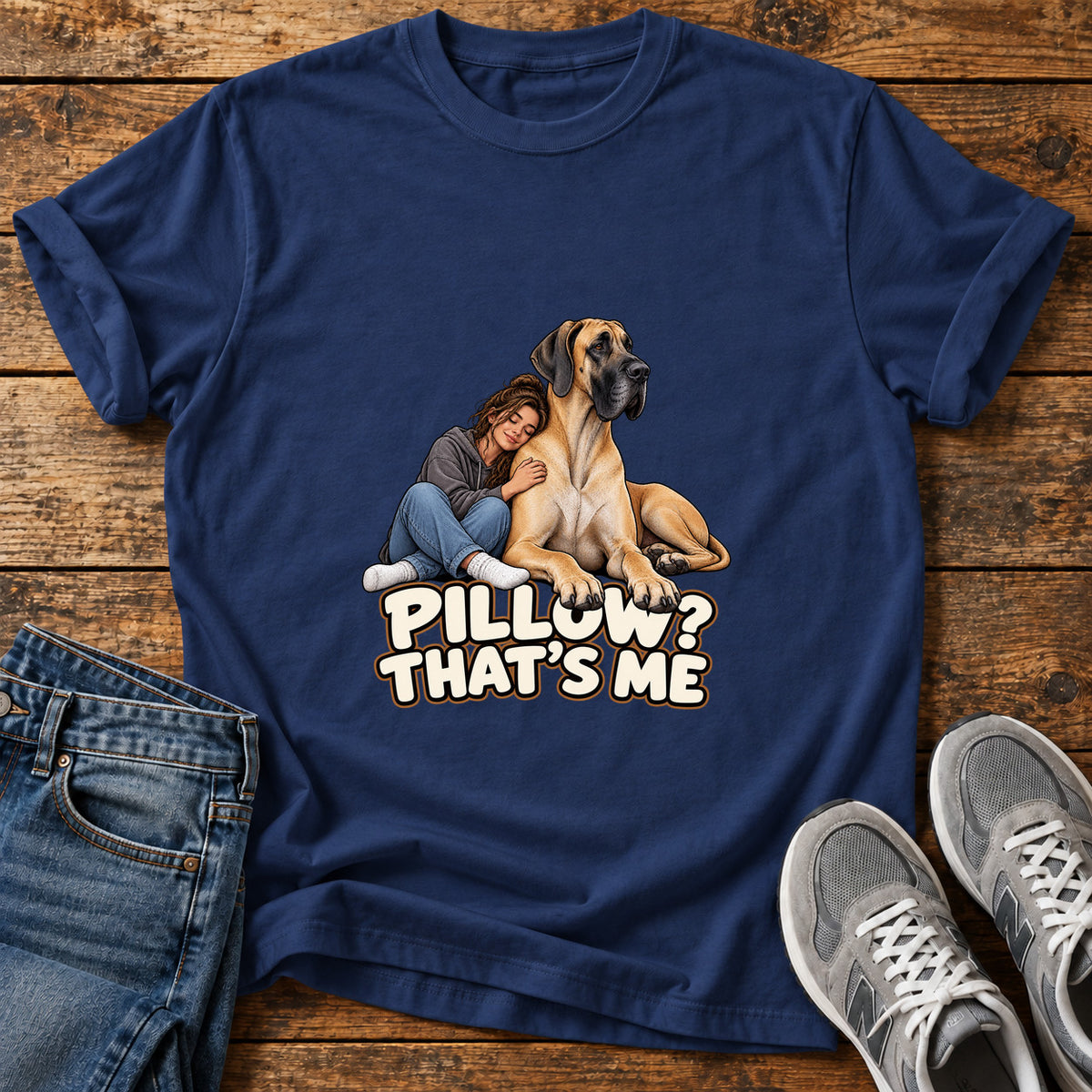 Pillow That's Me Great Dane graphic T-shirt in Navy, shown on a flat-lay shirt mockup