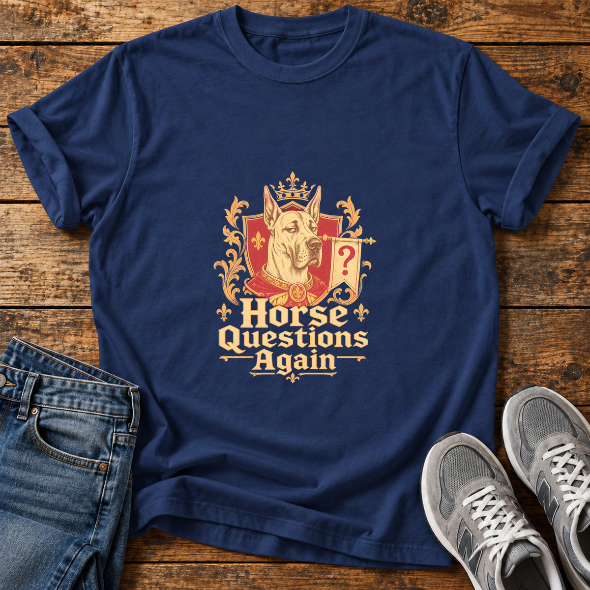 Horse Questions Again Great Dane graphic T-shirt in Navy, shown on a flat-lay shirt mockup