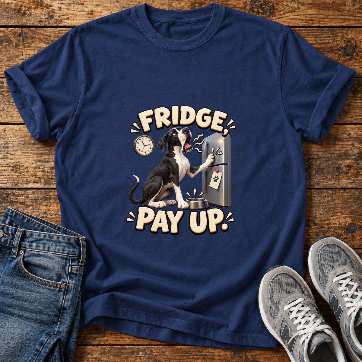 Fridge Pay Up Great Dane graphic T-shirt in Navy, shown on a flat-lay shirt mockup