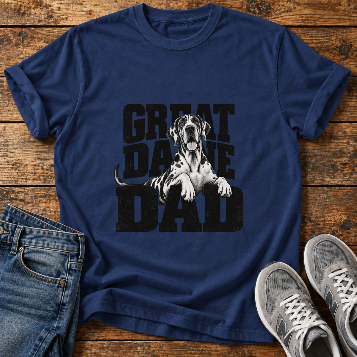 Great Dane Dad graphic T-shirt in Navy, shown on a flat-lay shirt mockup