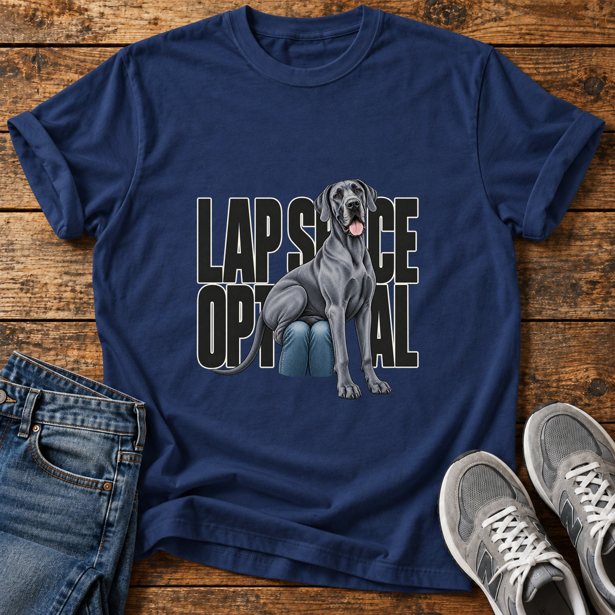 Lap Space Optional Great Dane graphic T-shirt in Navy, shown on a flat-lay shirt mockup
