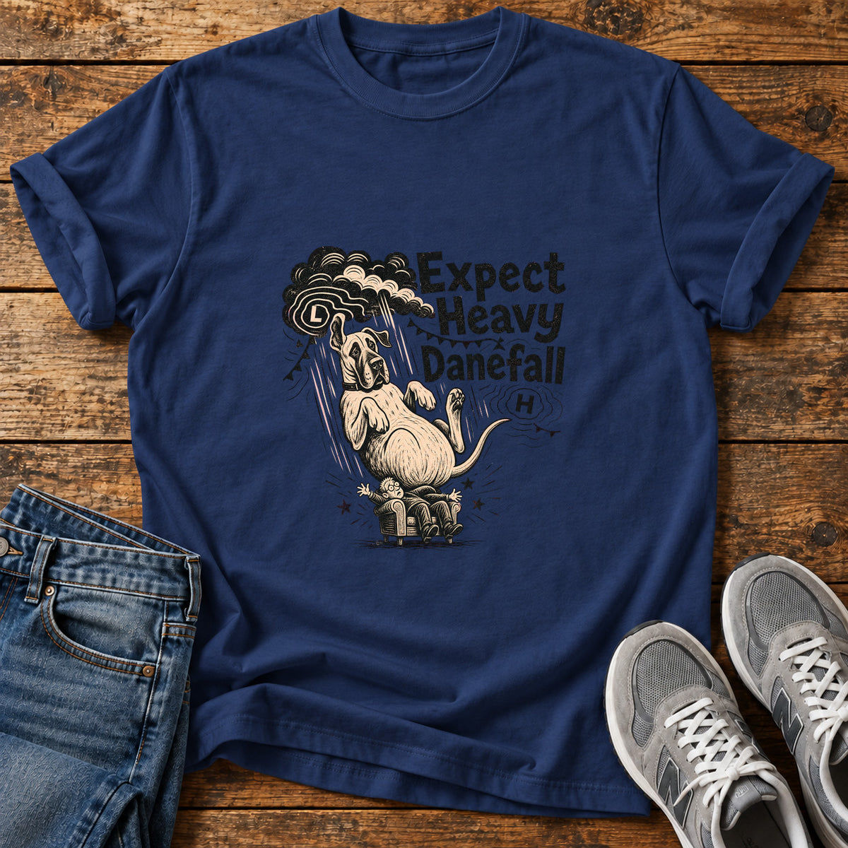 Expect Danefall Great Dane graphic T-shirt in Navy, shown on a flat-lay shirt mockup