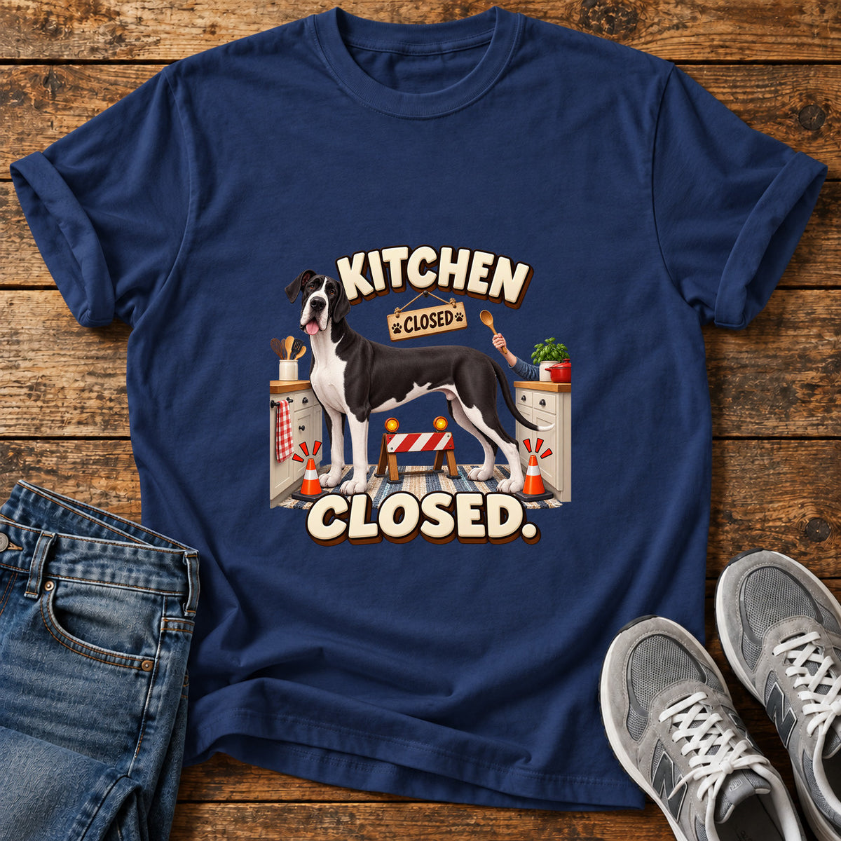 Kitchen Closed Great Dane graphic T-shirt in Navy, shown on a flat-lay shirt mockup