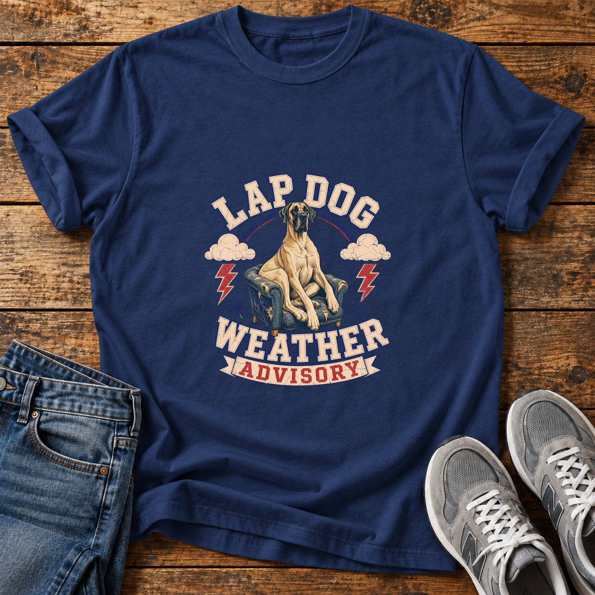 Lap Dog Advisory Great Dane graphic T-shirt in Navy, shown on a flat-lay shirt mockup