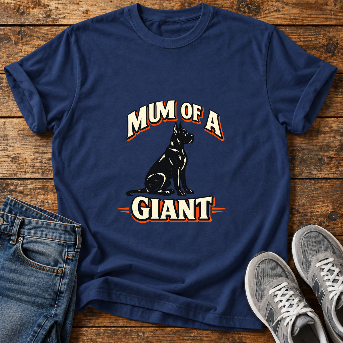 Mum Of Giant Great Dane graphic T-shirt in Navy, shown on a flat-lay shirt mockup