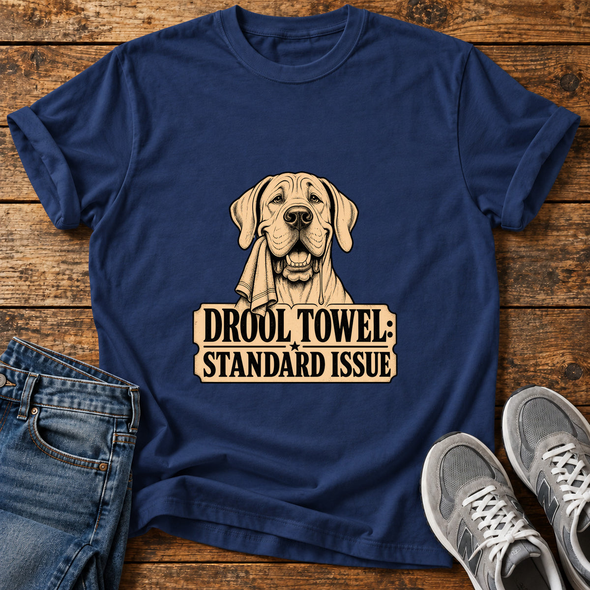 Drool Towel Standard Great Dane graphic T-shirt in Navy, shown on a flat-lay shirt mockup