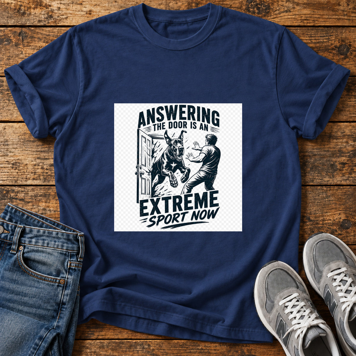 Extreme Sport Now Great Dane graphic T-shirt in Navy, shown on a flat-lay shirt mockup