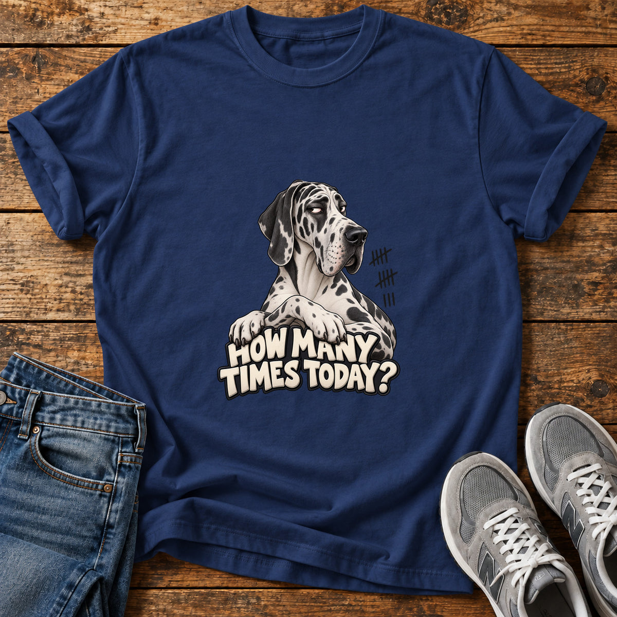 How Many Times Great Dane graphic T-shirt in Navy, shown on a flat-lay shirt mockup
