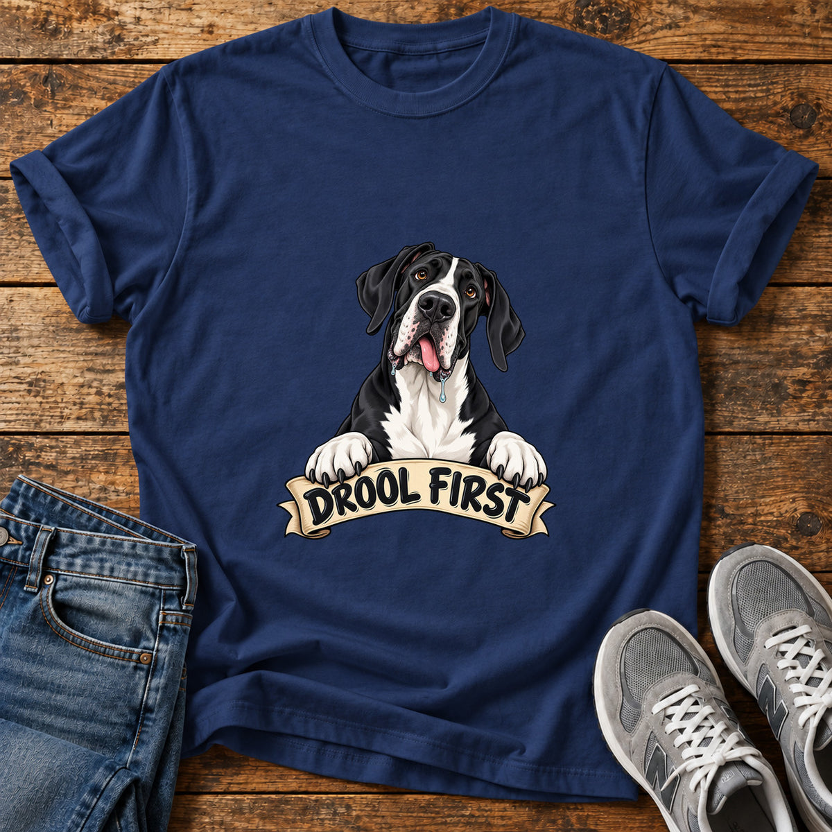 Drool First Great Dane graphic T-shirt in Navy, shown on a flat-lay shirt mockup