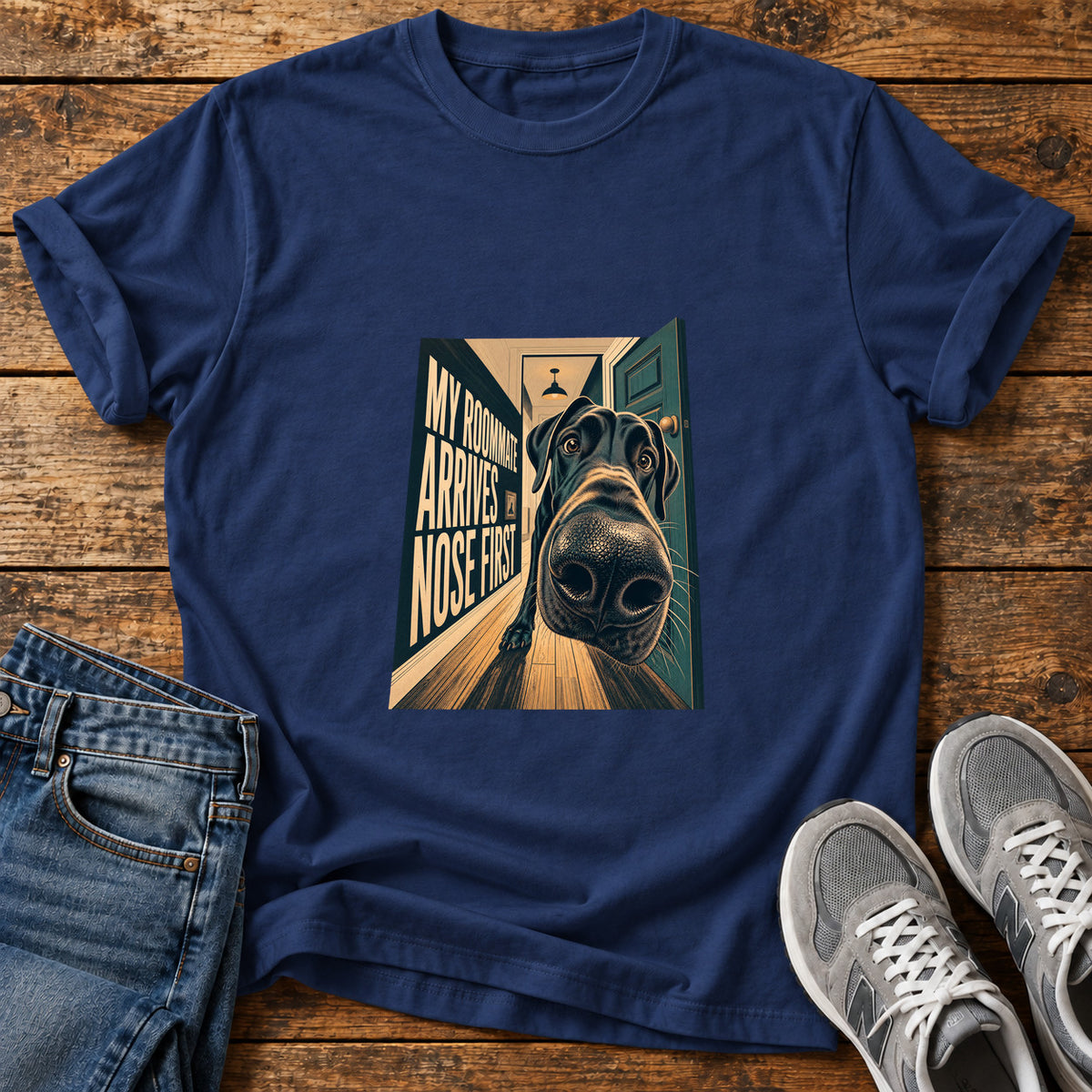 Nose First Roommate Great Dane graphic T-shirt in Navy, shown on a flat-lay shirt mockup