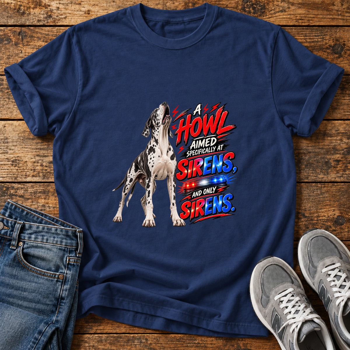 Howl Sirens Great Dane graphic T-shirt in Navy, shown on a flat-lay shirt mockup